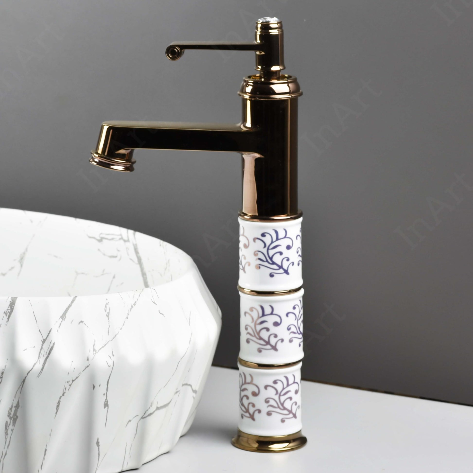 Lifestyle bathroom interior with rose gold waterfall wash basin taps, single lever mixer for modern washroom