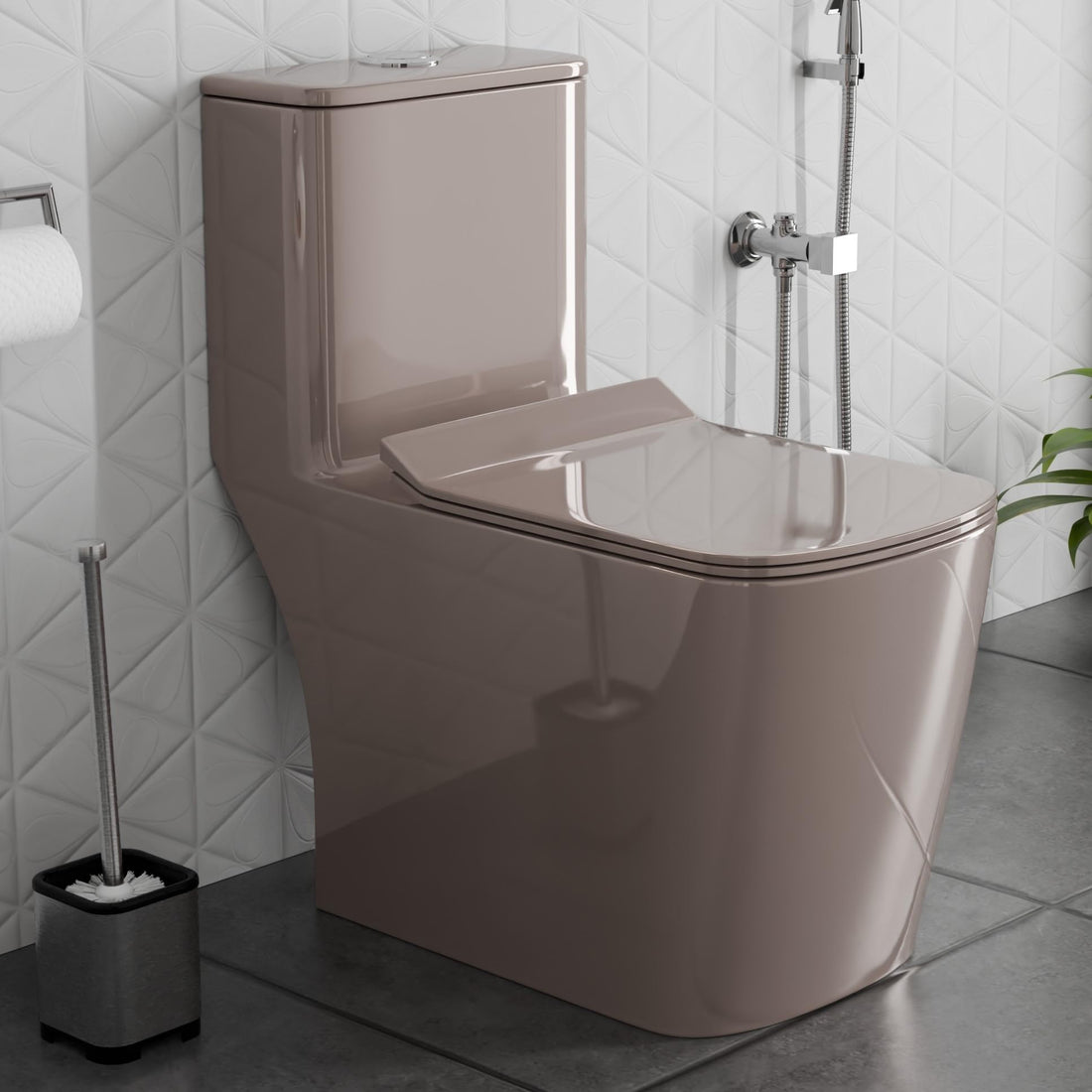 InArt ceramic floor mounted western toilet in pink square one-piece EWC, front view