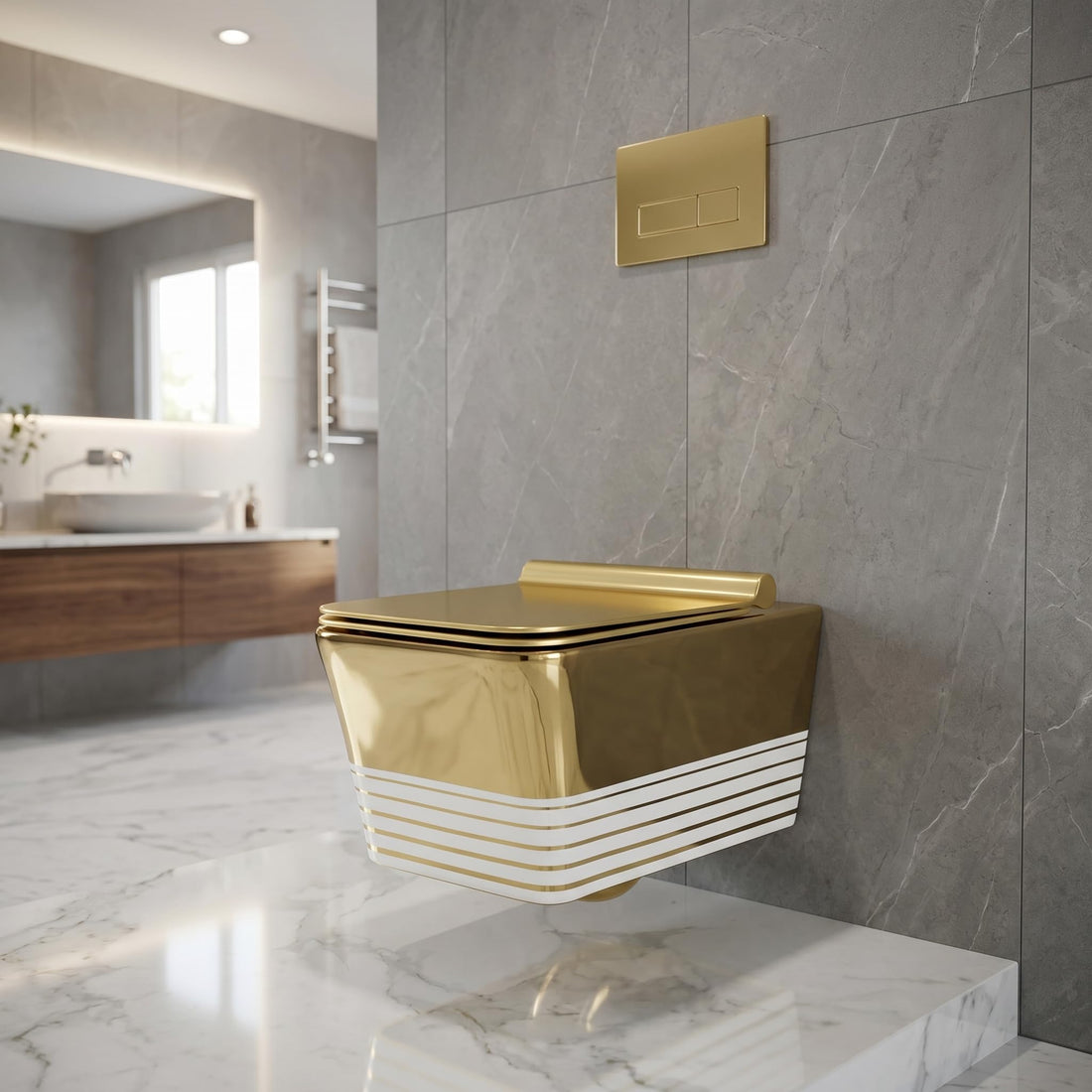 Hindware wall mounted commode style InArt ceramic square wall hung western toilet in white gold, front view
