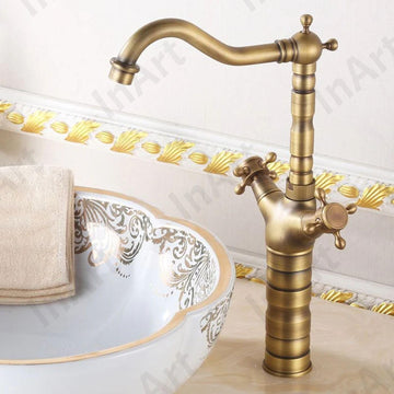 InArt brass wall mixer tap in antique oil rubbed finish, long body deck mounted basin mixer for wash basin