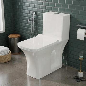 Cera single piece commode by InArt, glossy white ceramic elongated one piece western toilet, floor mounted front view