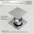 Modern bathroom floor drain jali 5x5 inch square, silver matte stainless steel, angled view of top grille
