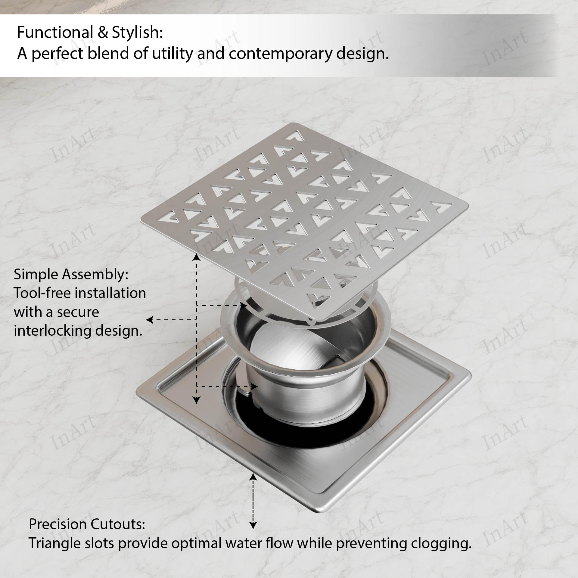 Modern bathroom floor drain jali 5x5 inch square, silver matte stainless steel, angled view of top grille
