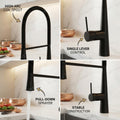 Kitchen sink taps black finish, 3/4 angle view of gooseneck black mixer tap for kitchen sink in stainless steel