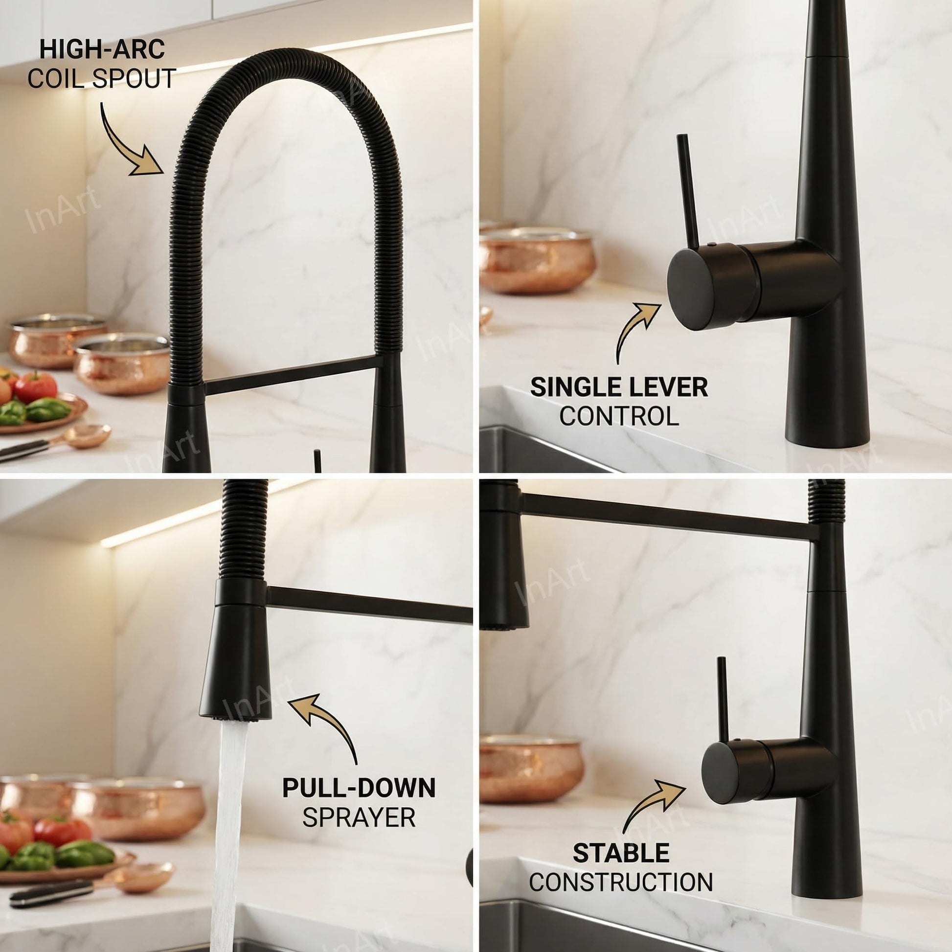 Kitchen sink taps black finish, 3/4 angle view of gooseneck black mixer tap for kitchen sink in stainless steel