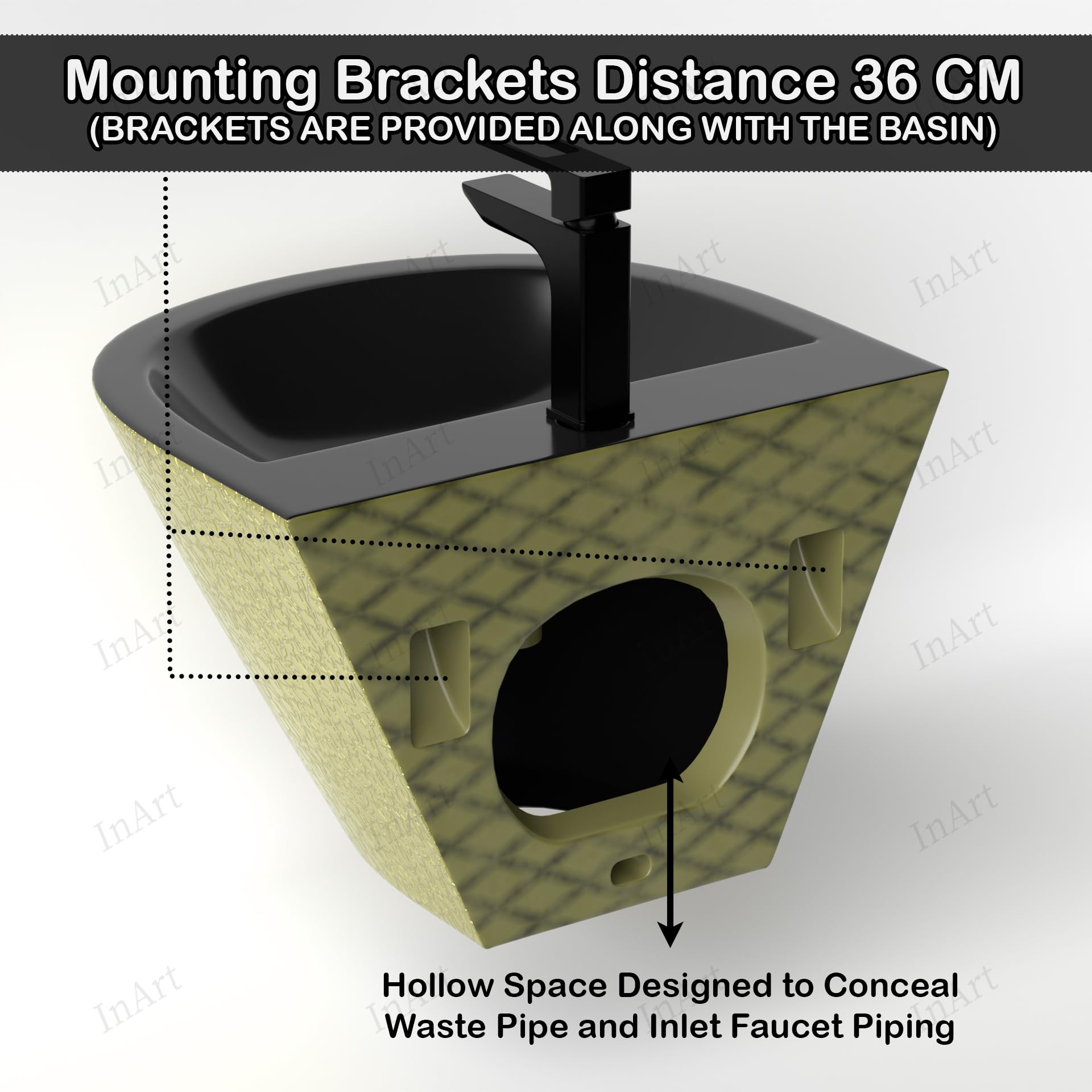 InArt wall hung wash basin with half pedestal, premium ceramic sanitaryware in black gold for compact washroom