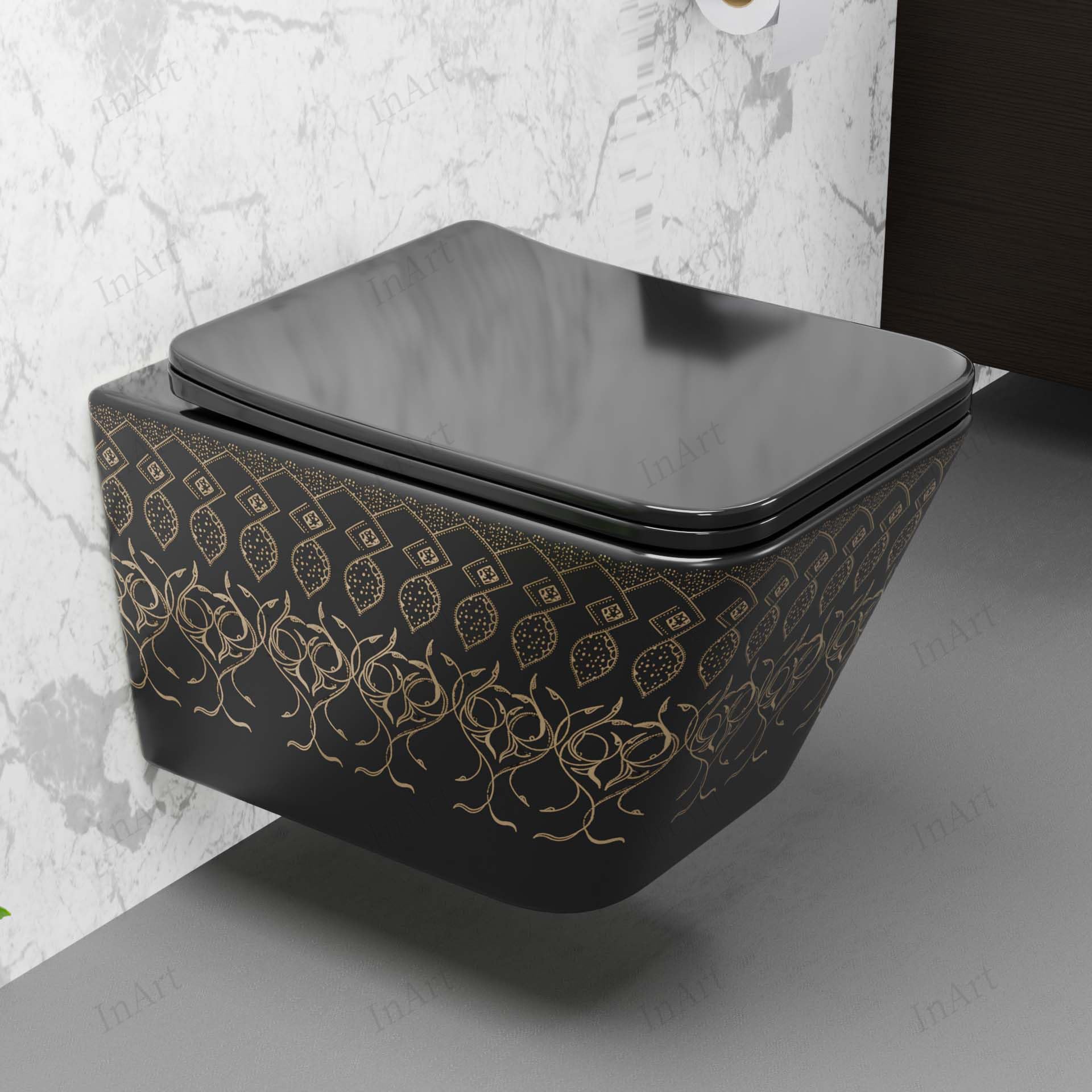 InArt European commode for bathroom, black rimless wall mount water closet with smooth glazed finish
