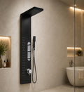 Premium shower mixer panel in matte black with waterfall and body jets, sleek shower panel tower system