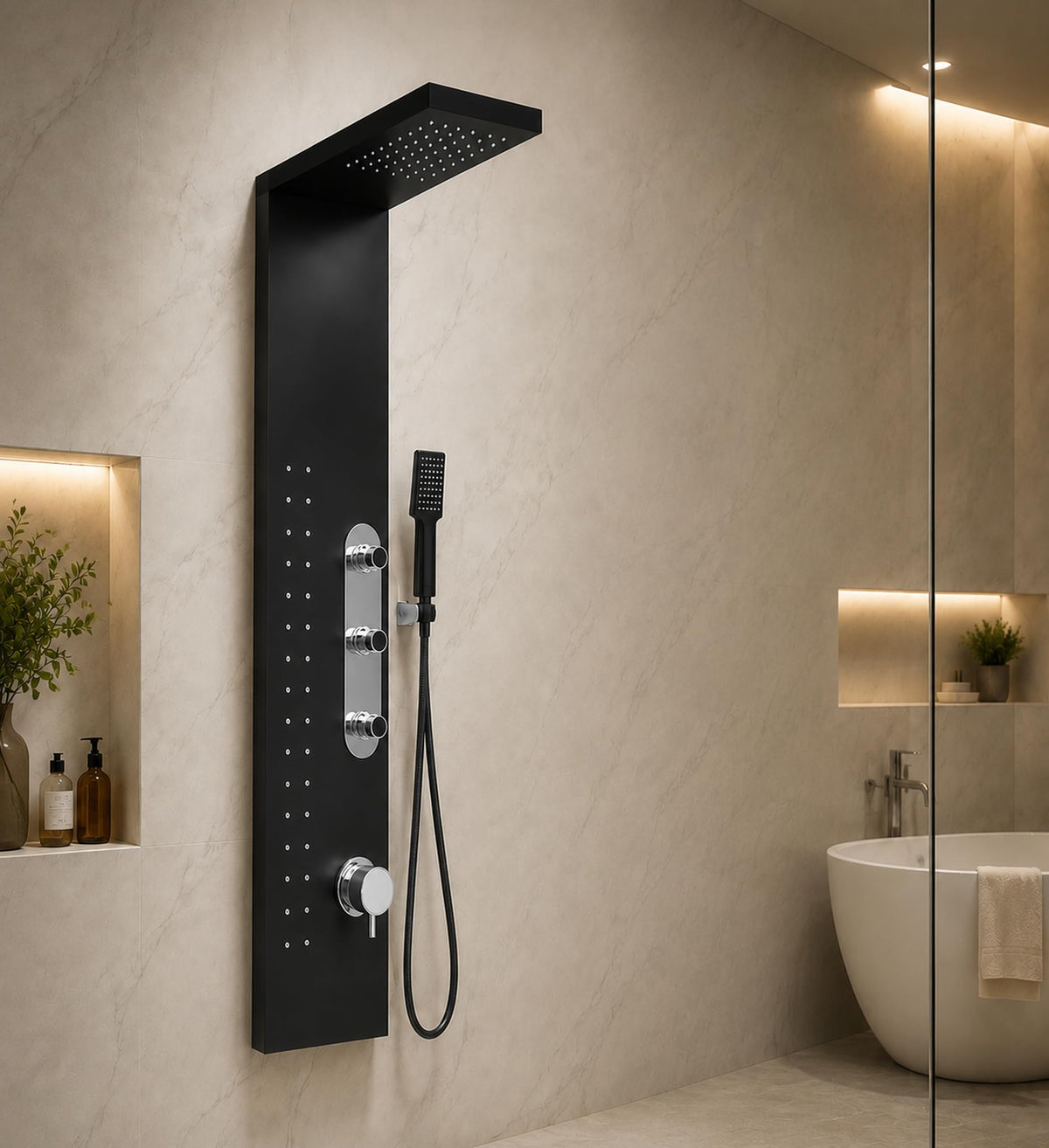 Premium shower mixer panel in matte black with waterfall and body jets, sleek shower panel tower system
