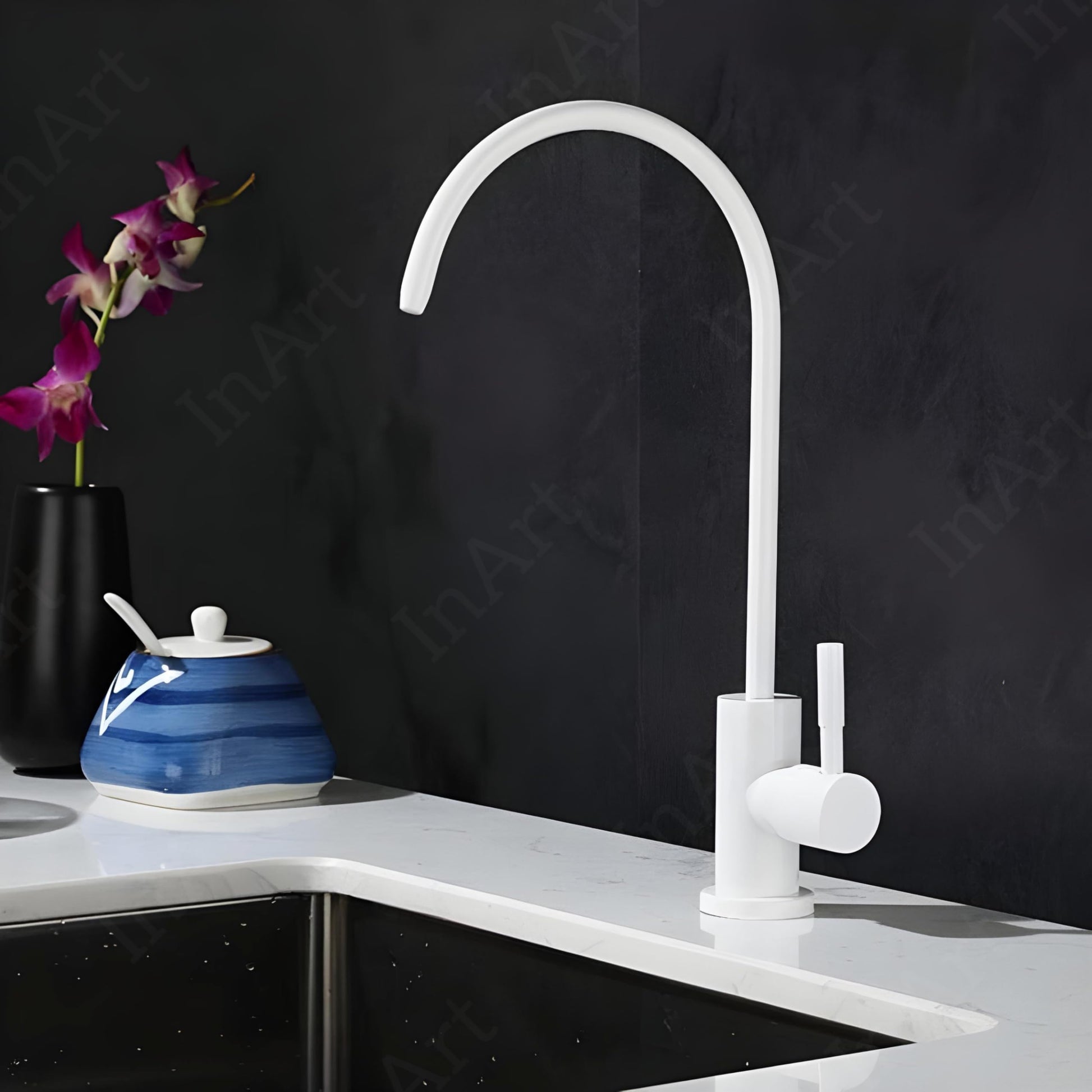 Installed InArt kitchen tap with drinking water filter outlet, white SS304 gooseneck RO tap for sink setup