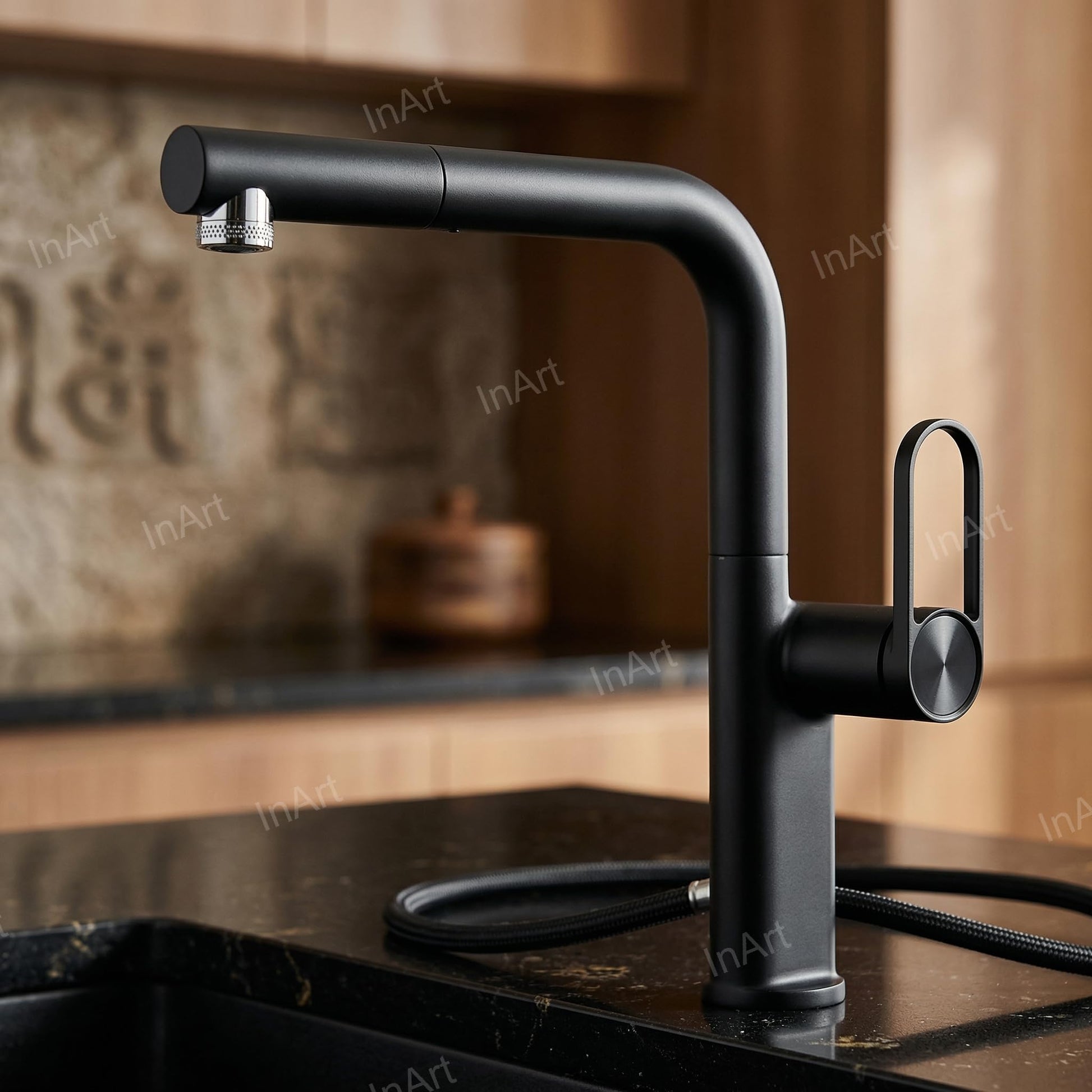Kitchen sink tap with pull down sprayer extended, retractable hose pull out sink mixer for easy rinsing