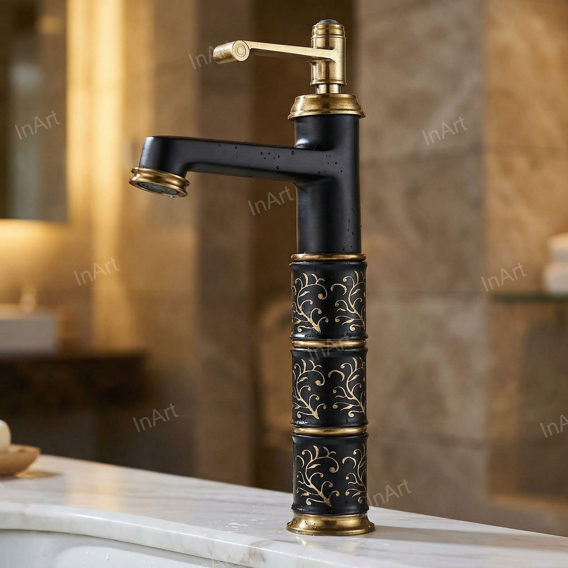 Close-up of InArt single lever basin tap handle and spout, premium brass mixer tap for bathroom basin