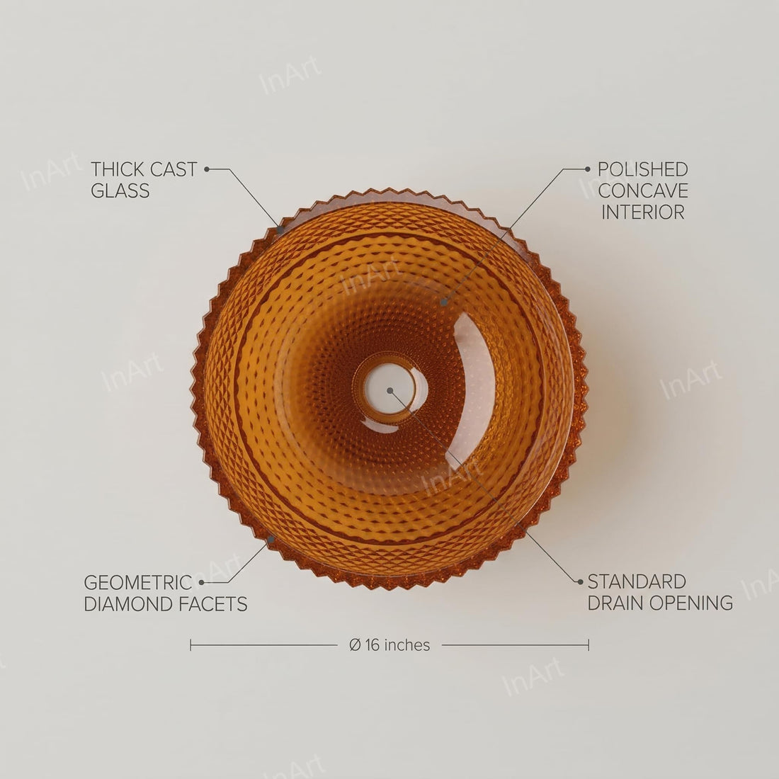 InArt glass design wash basin, round amber tinted tabletop basin for bathroom counter, front view