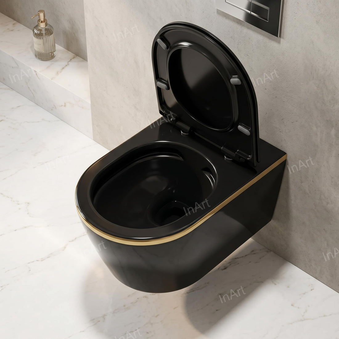 Hindware wall mounted commode by InArt, oval ceramic wall hung WC in black gold finish, front view