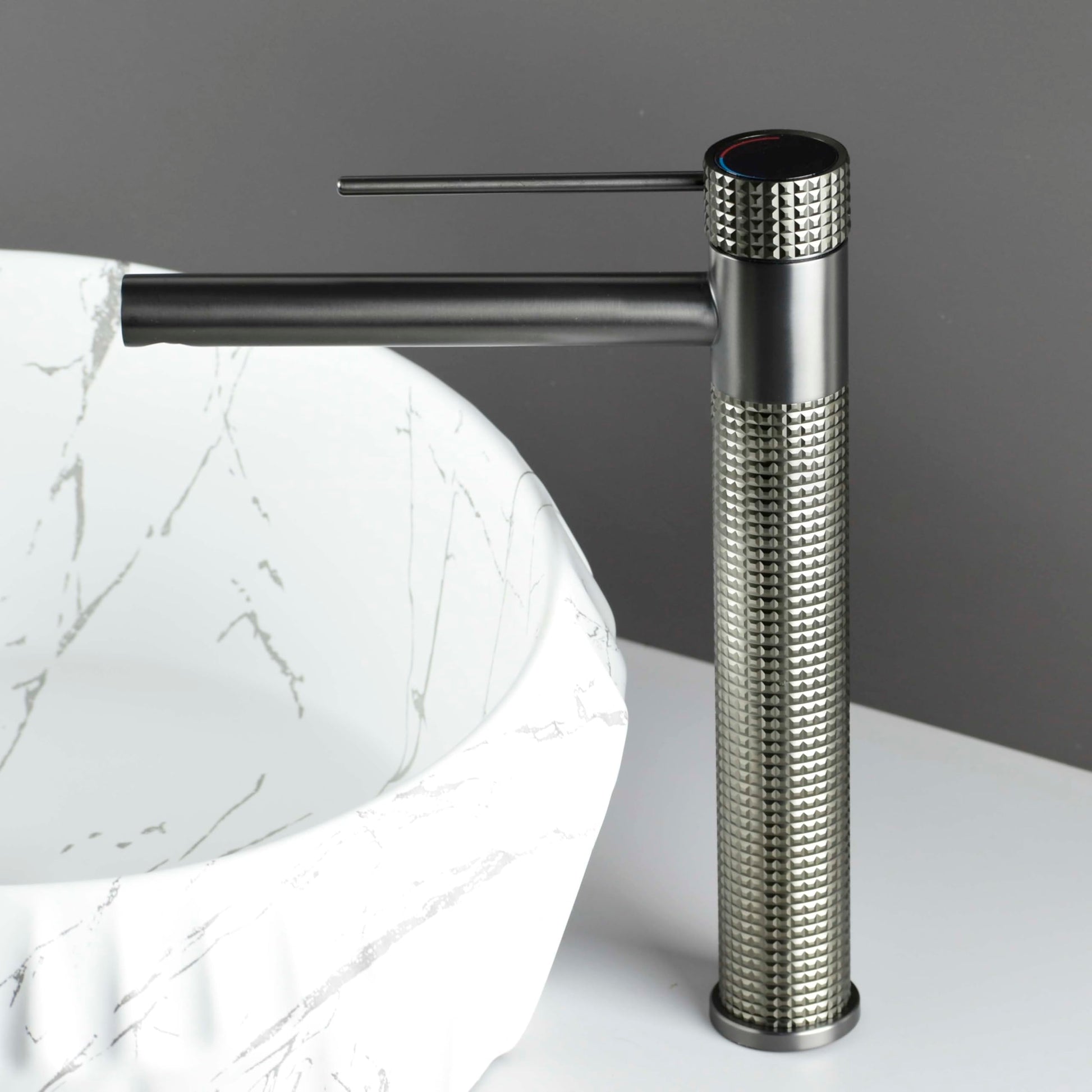 Installed look: gun grey basin mixer tap on wash basin, sleek bathroom taps & mixers for Indian washroom
