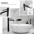 InArt black pillar cock for wash basin, top view showing long spout reach for table top wash basin use