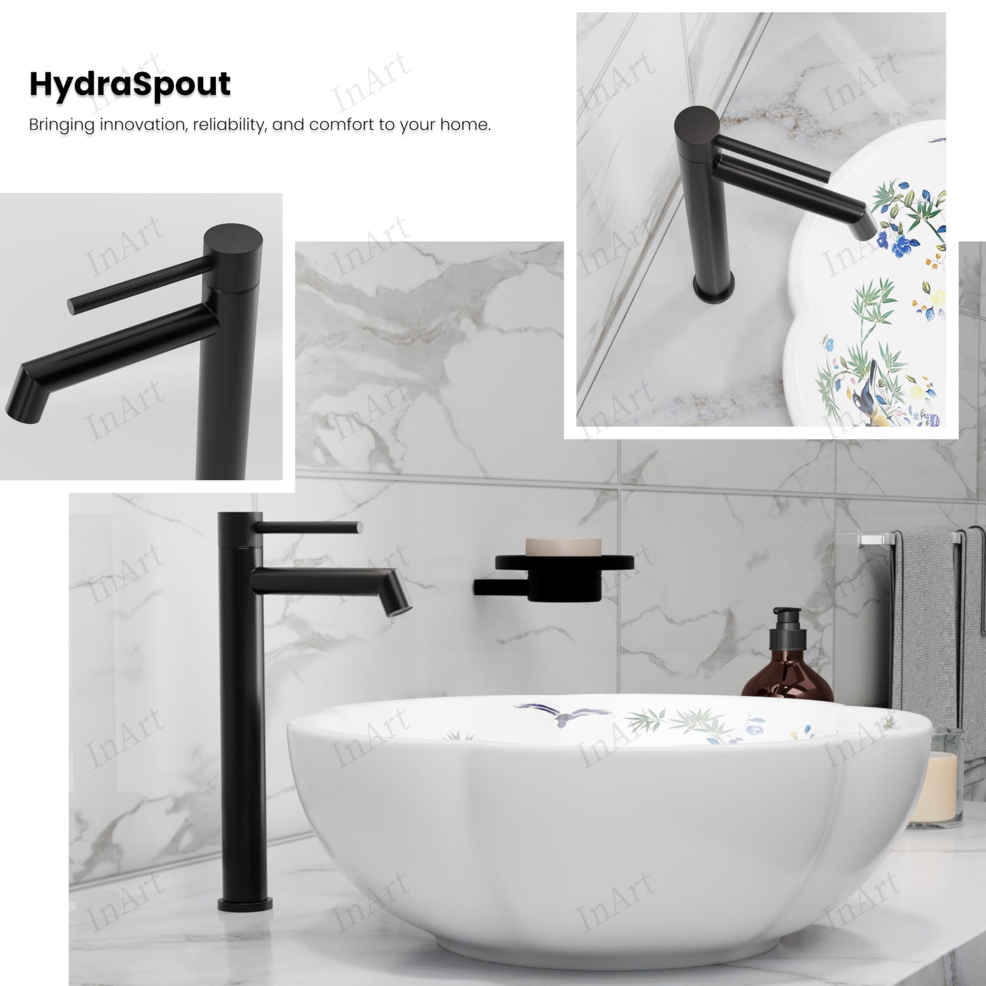 InArt black pillar cock for wash basin, top view showing long spout reach for table top wash basin use