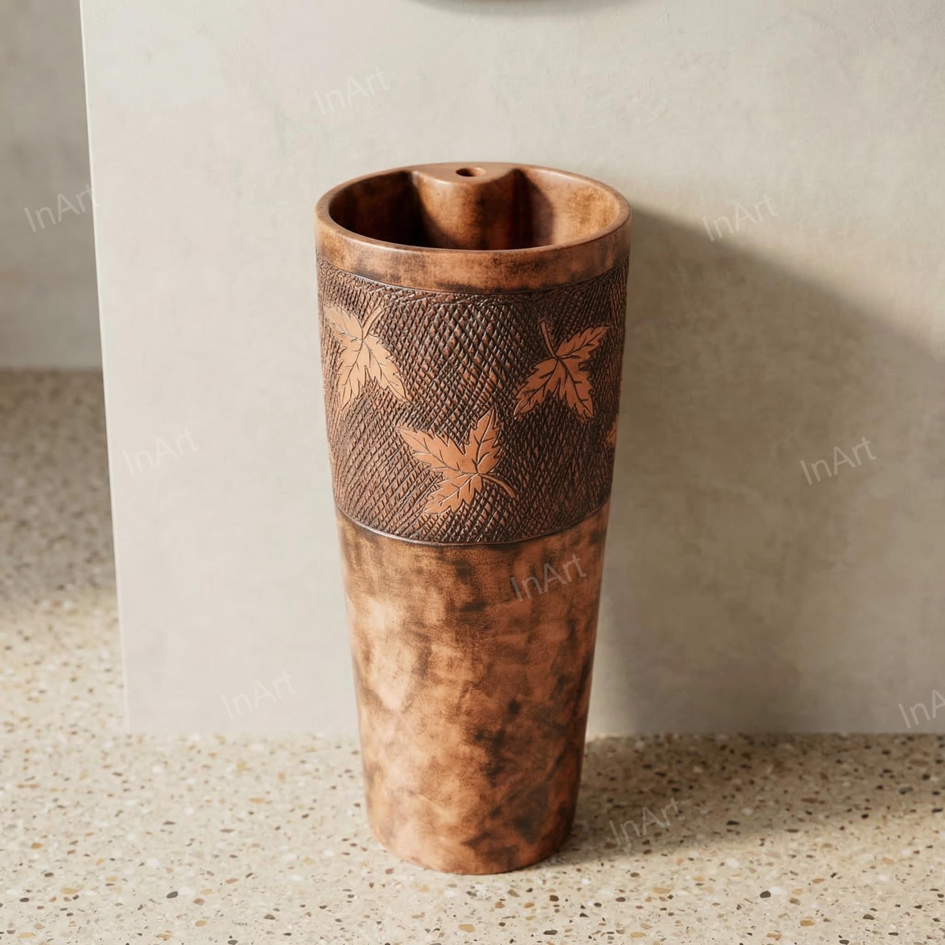 InArt one piece pedestal wash basin with integrated full pedestal, wooden matte finish detail close-up