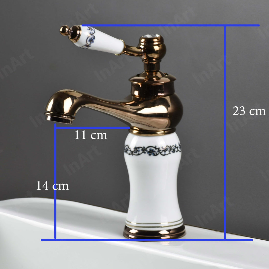 InArt wash basin mixer tap in rose gold, zinc body with ceramic cartridge, waterfall spout, deck mount