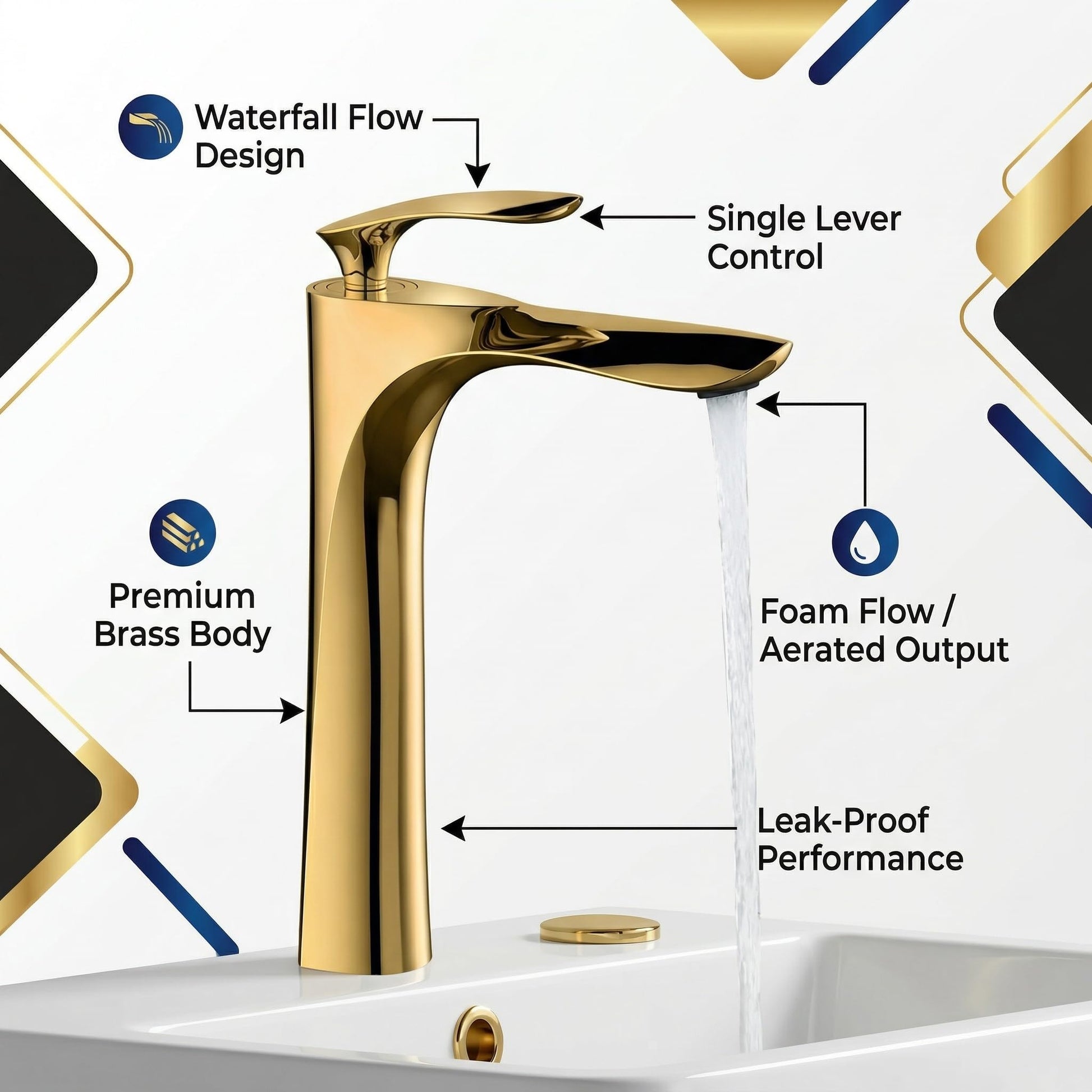 InArt brushed gold bathroom tap with smooth lever handle, close-up of premium metal finish
