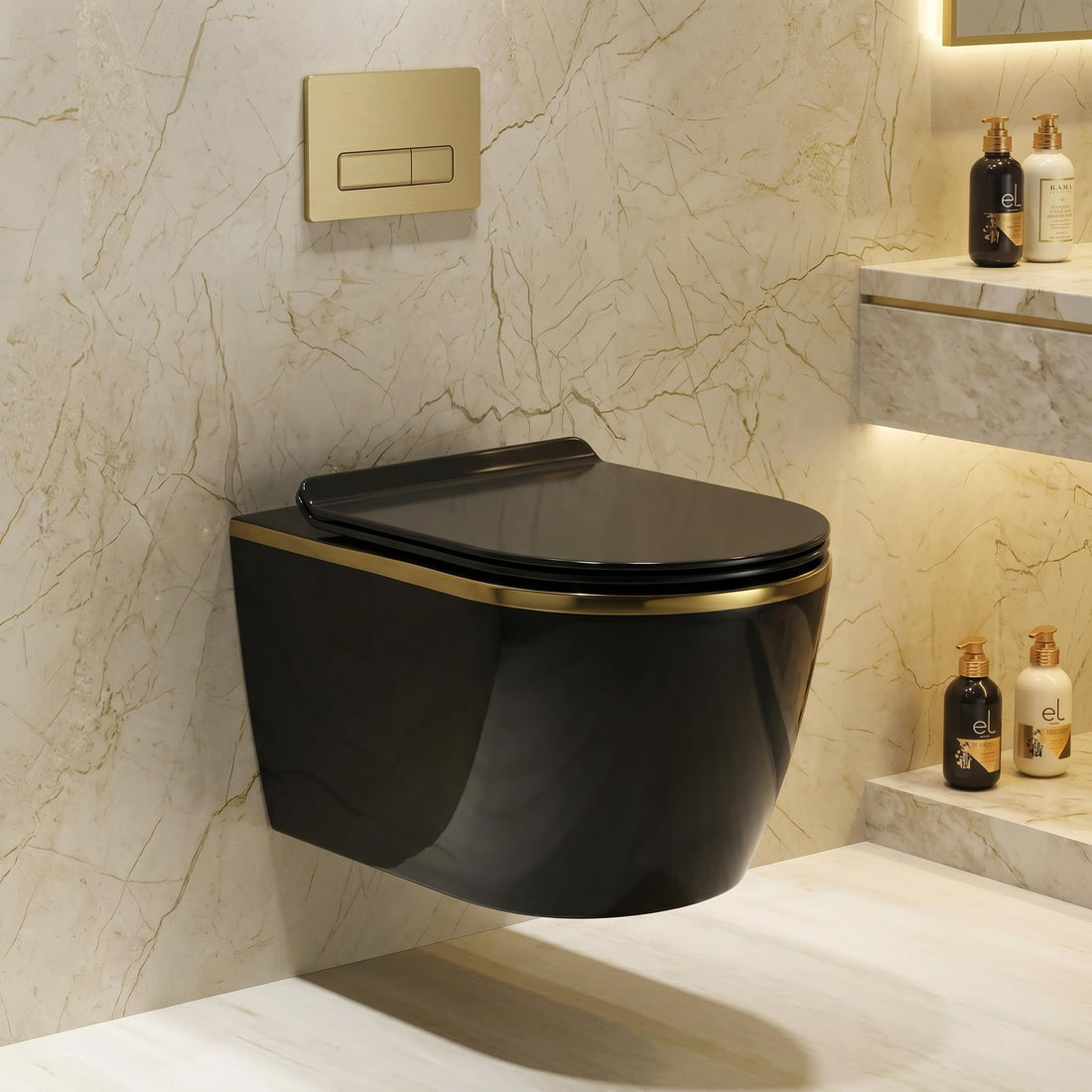 Hindware wall mounted commode by InArt, oval ceramic wall hung WC in black gold finish, front view