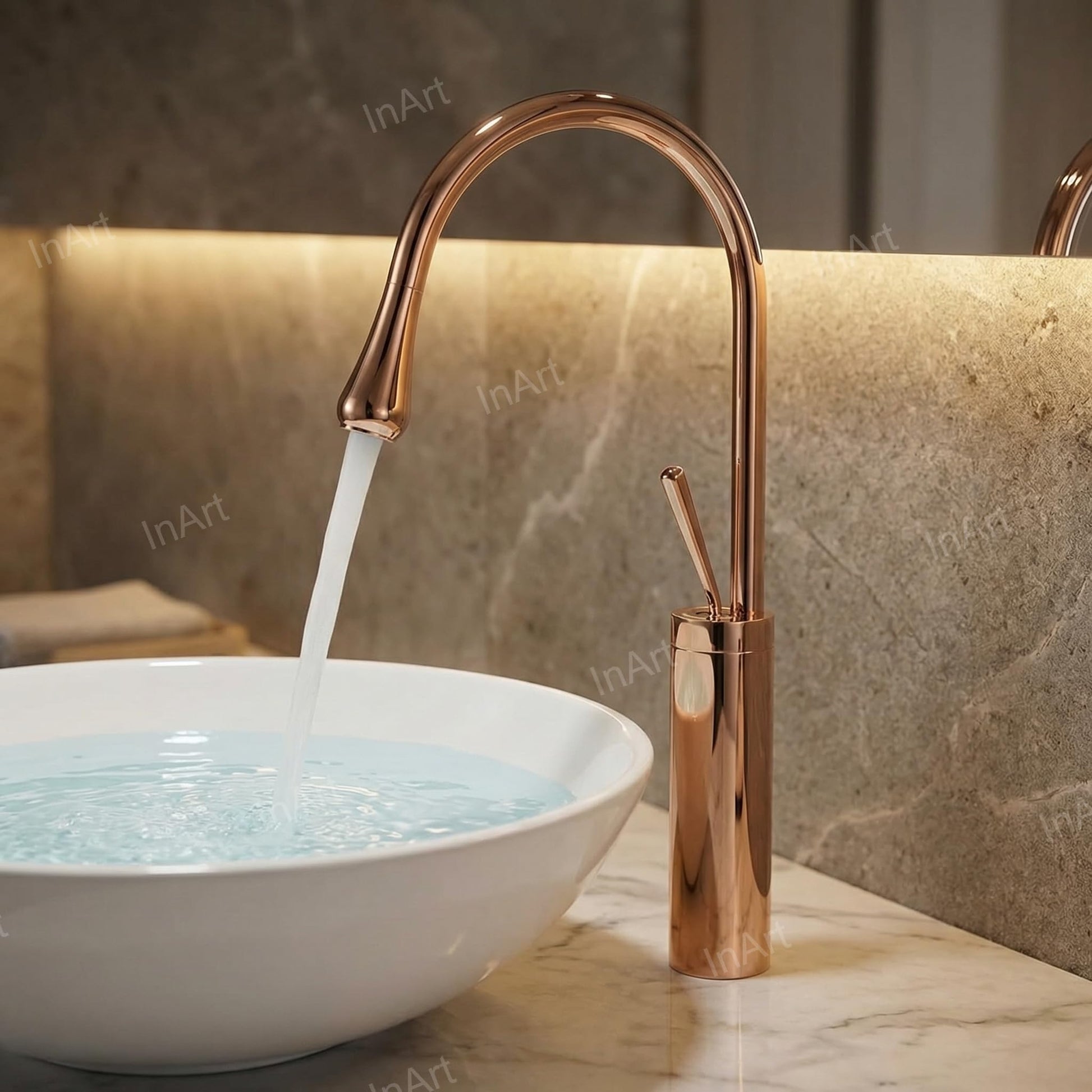 InArt brass basin tap in rose gold with single lever handle, close-up of smooth mixer cartridge