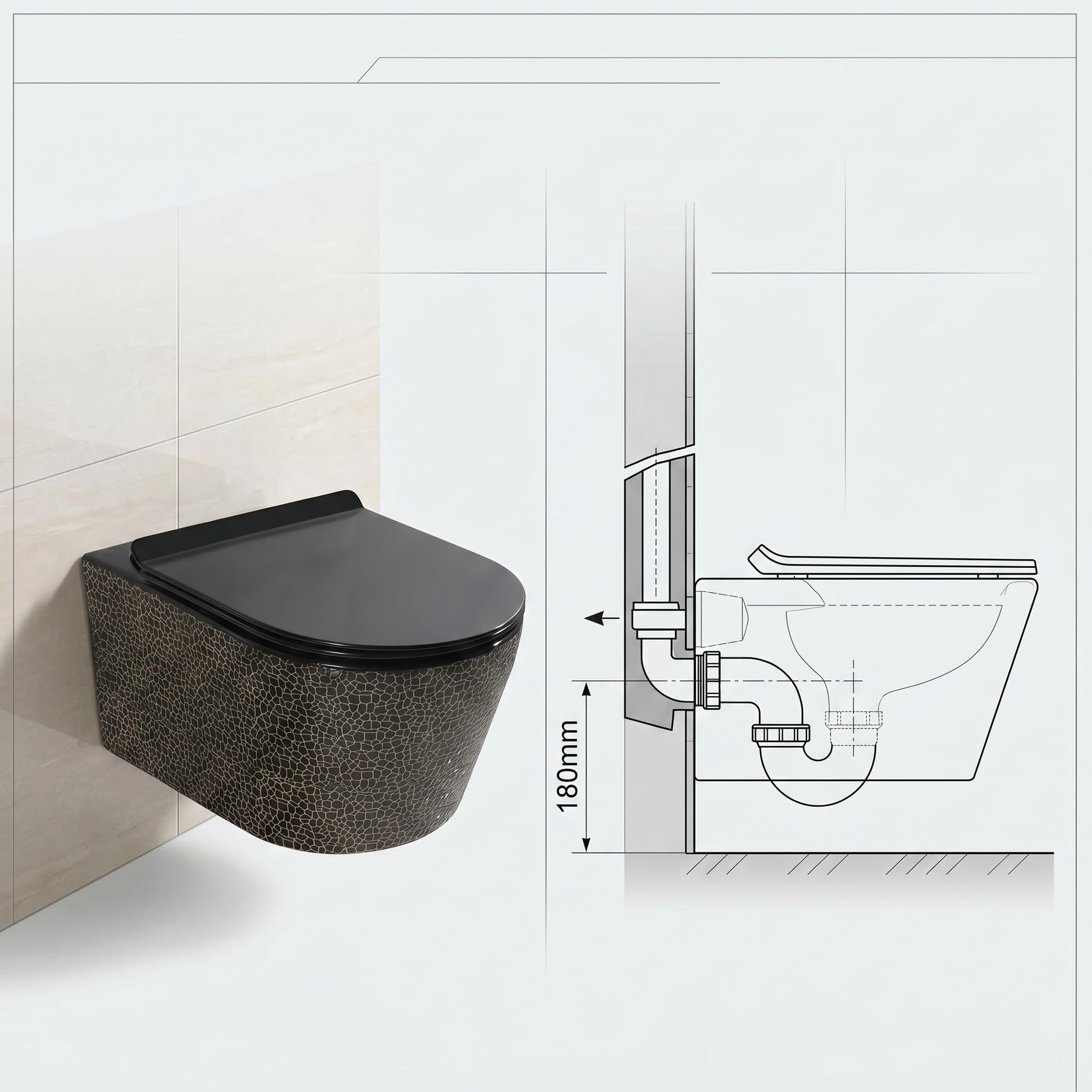 Soft close toilet seat cover on wall hung commode for quiet closing