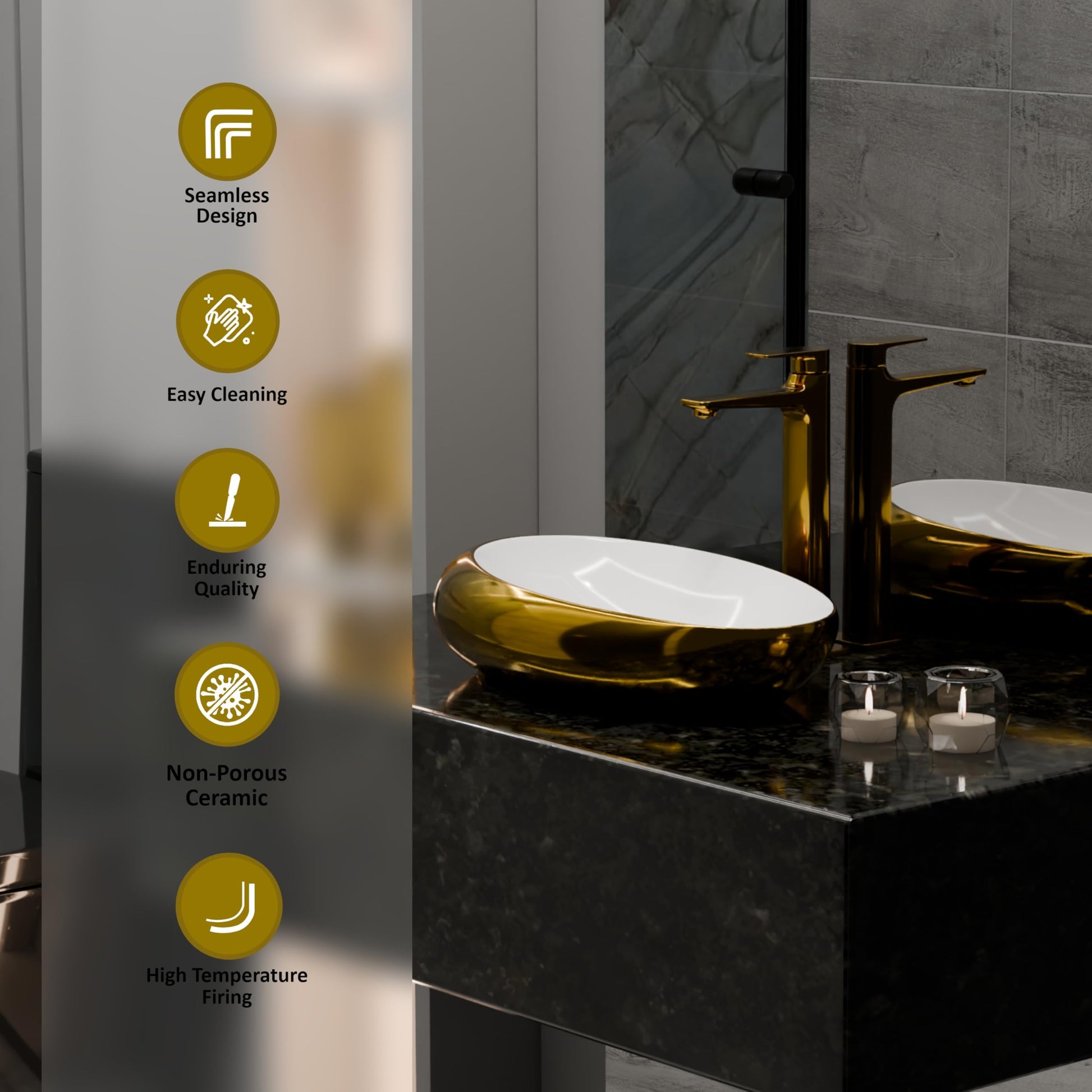Ceramic table top wash basin with glossy white bowl and gold edge, premium sanitaryware detail