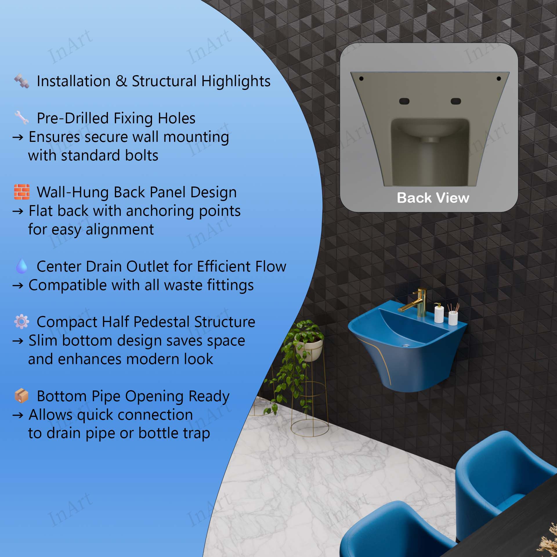 Blue glossy wall mounted sink with half pedestal installed in modern bathroom interior, space-saving design