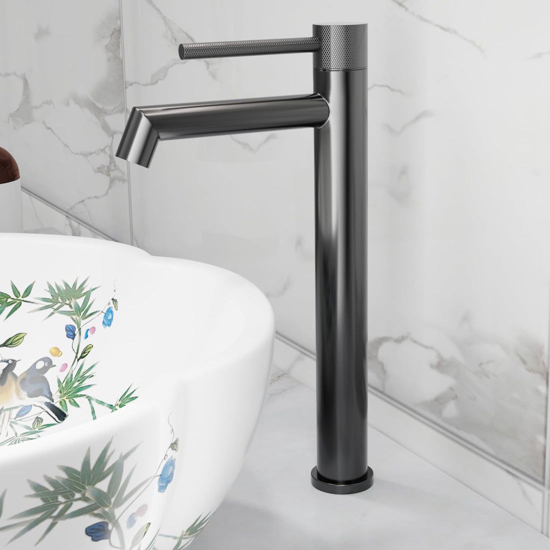 InArt SS 304 pillar tap for wash basin, extra tall 12 inch high neck table top basin tap in gun grey