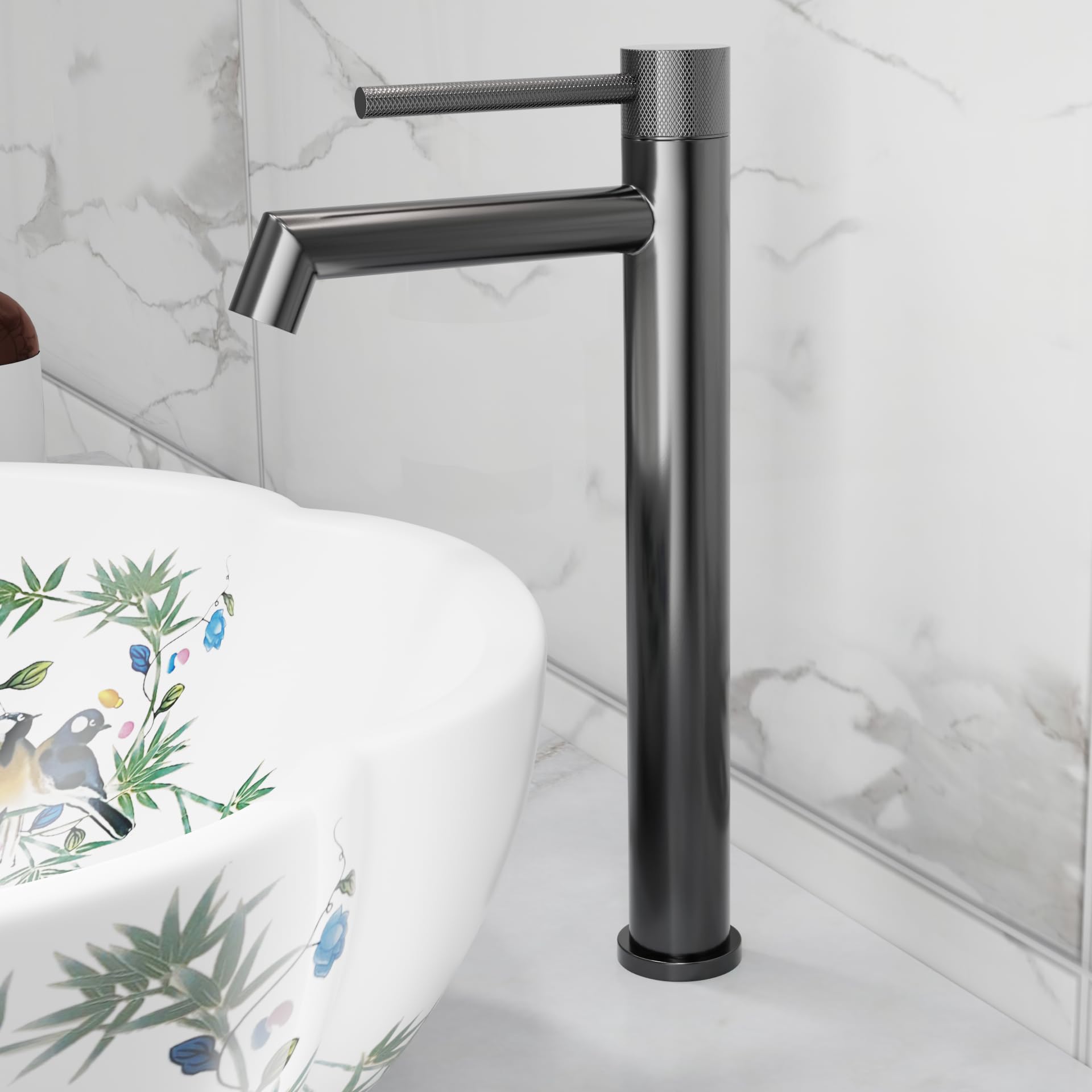 InArt SS 304 pillar tap for wash basin, extra tall 12 inch high neck table top basin tap in gun grey