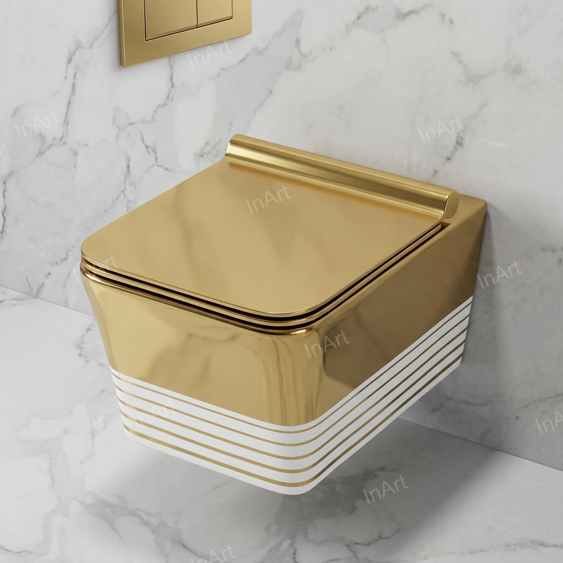 Hindware wall mounted commode style InArt ceramic square wall hung western toilet in white gold, front view