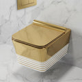 InArt wall mounted western toilet square ceramic commode, 3/4 angle view with white and gold finish