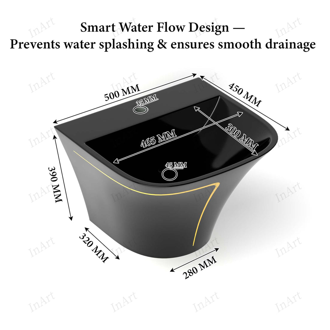 InArt ceramic wash basin design, rectangular wall hung half pedestal basin in glossy black, front view