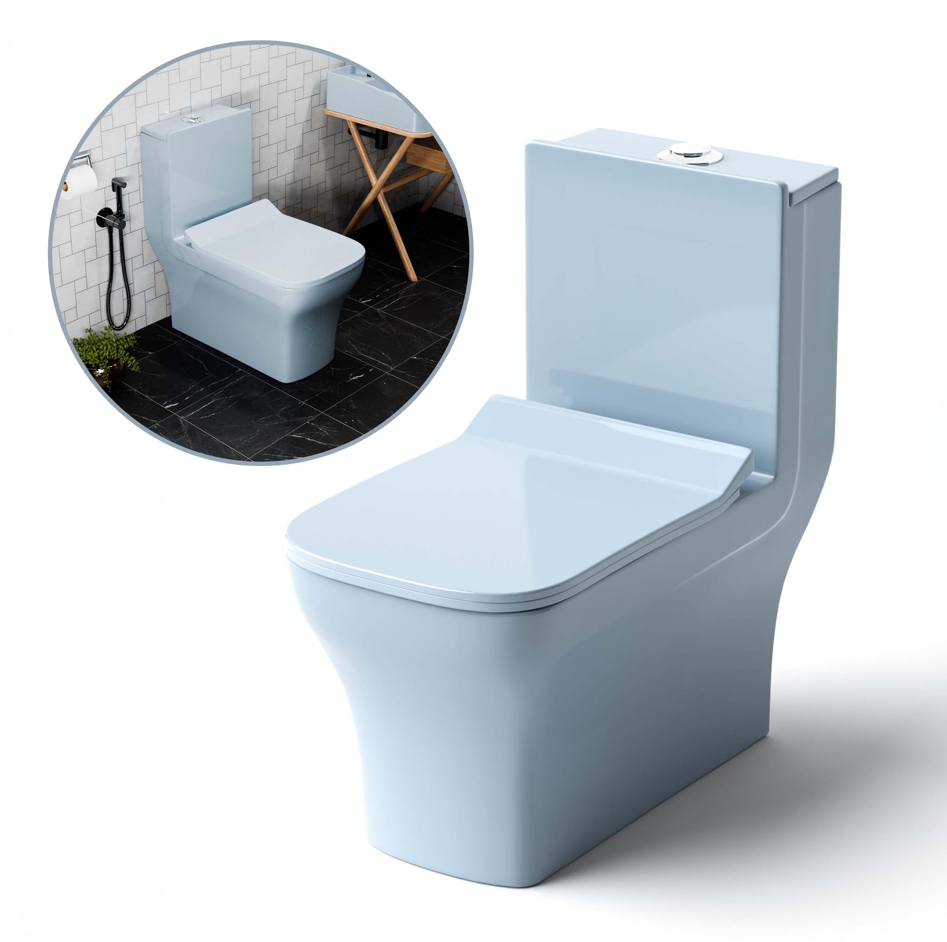 InArt ceramic western toilet in modern Indian bathroom setting, compact floor mounted commode in light blue