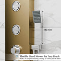 Gold brushed shower panel set with handheld shower and hose, close-up of hand shower and holder