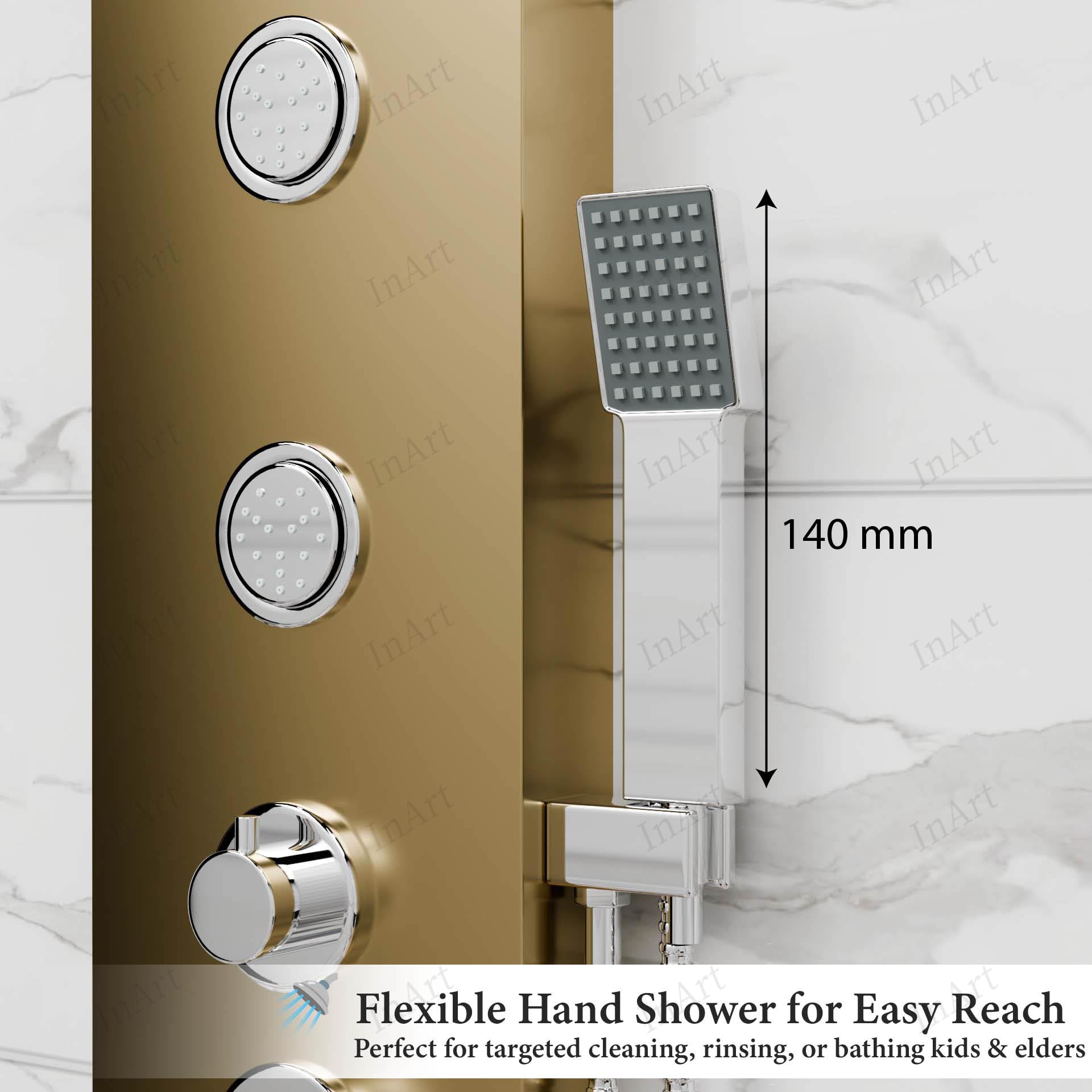 Gold brushed shower panel set with handheld shower and hose, close-up of hand shower and holder