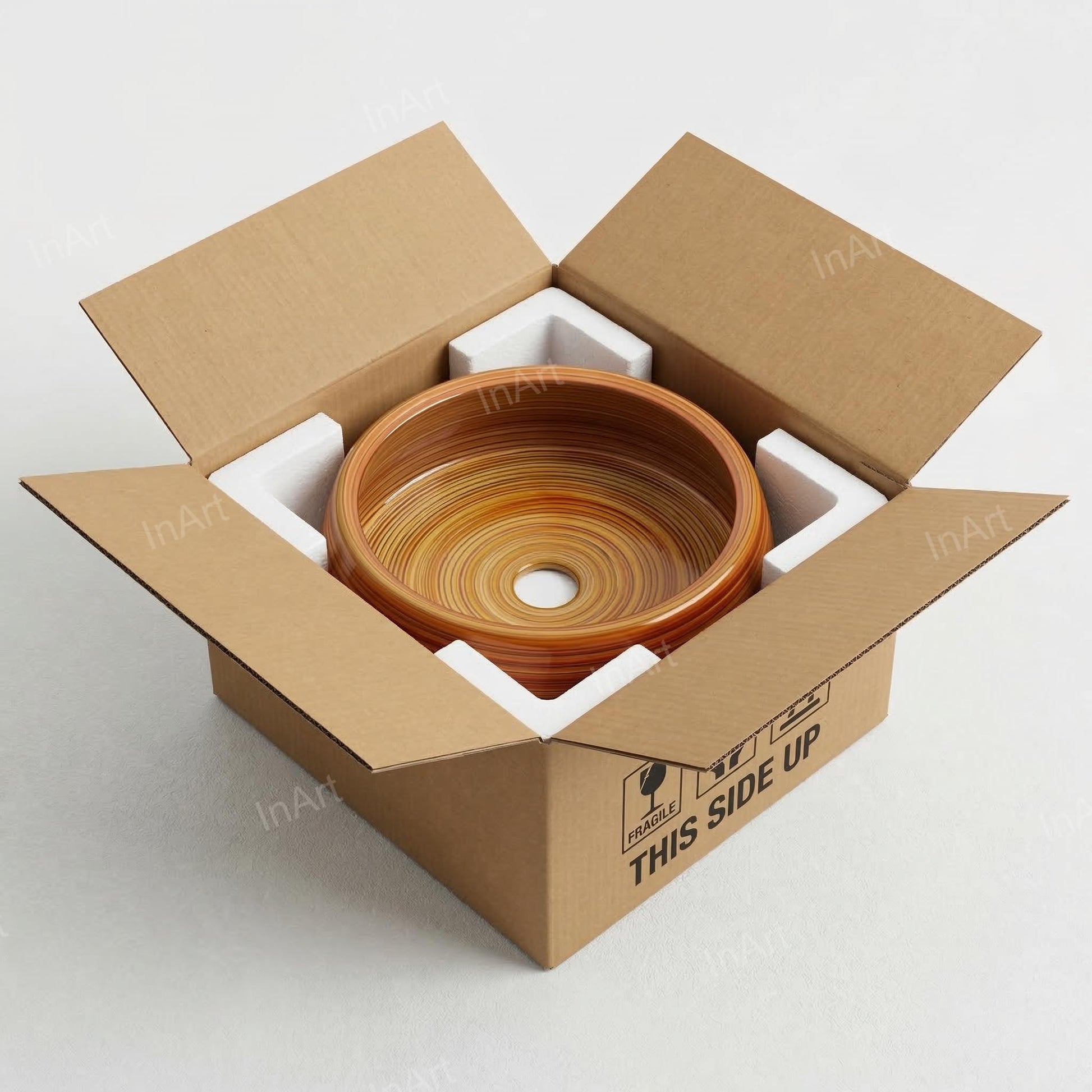 InArt table with wash basin setup idea, square ceramic wooden brown basin on countertop with tap hole
