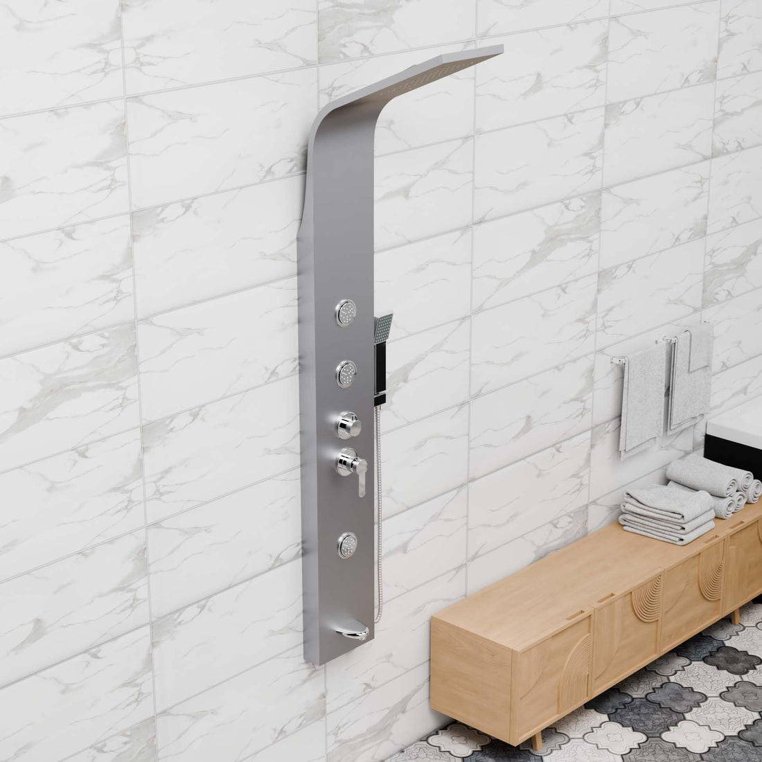 Luxury shower panel InArt stainless steel rectangular shower panel system in brushed chrome, front view