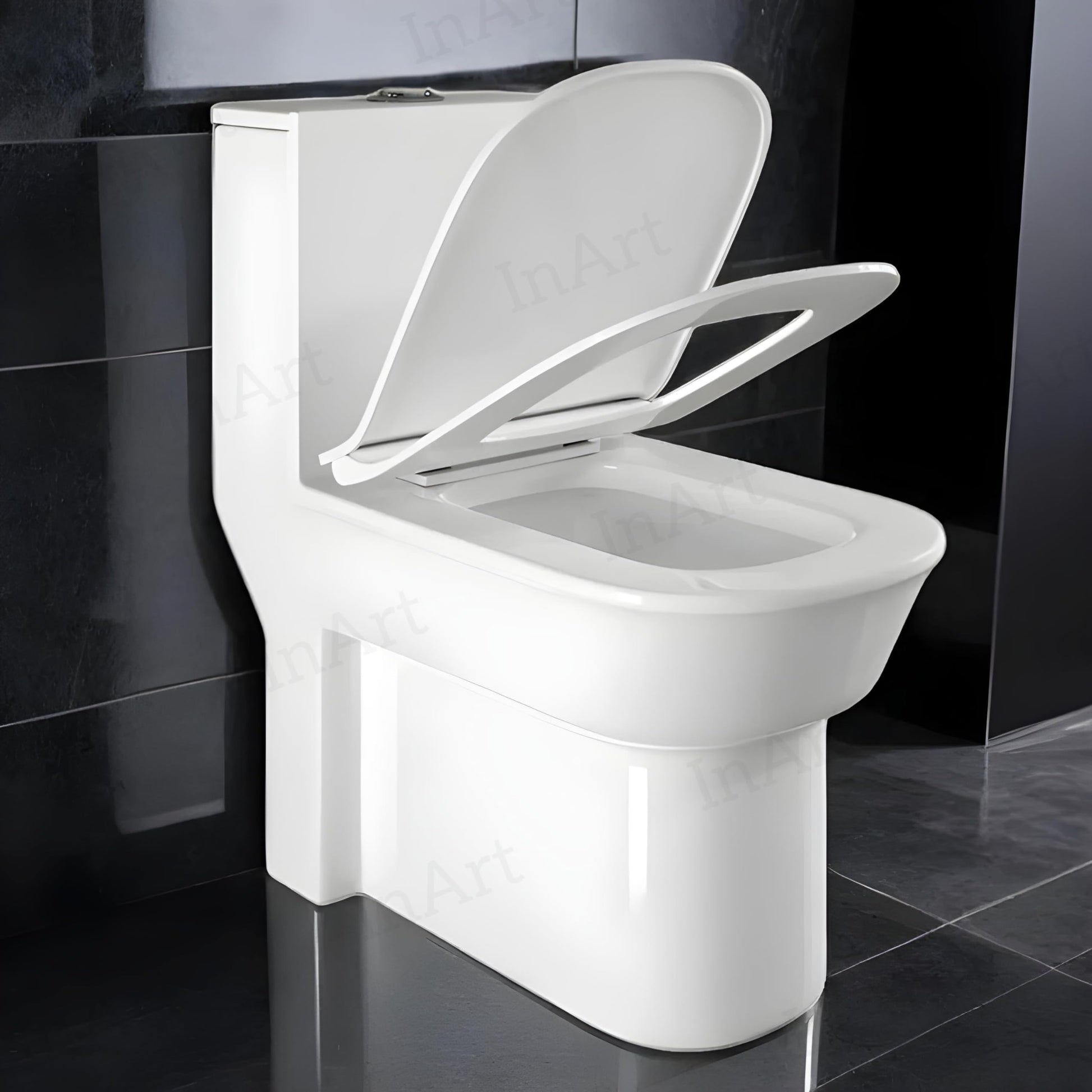 Western commode single piece in glossy white ceramic, 3/4 angle view with soft close seat on InArt EWC