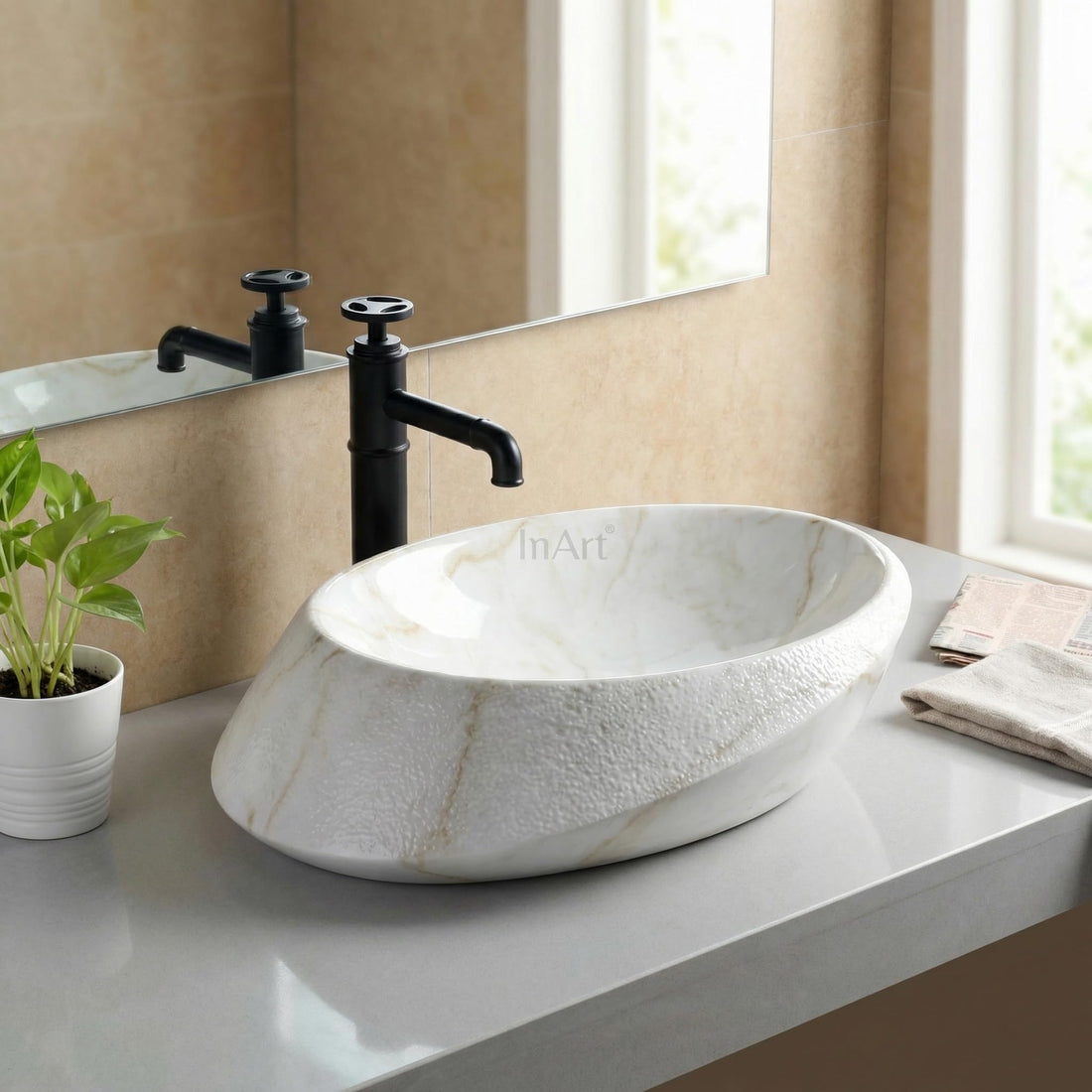 InArt cera table top wash basin, ceramic oval marble finish glossy countertop basin front view