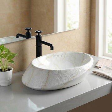 InArt cera table top wash basin, ceramic oval marble finish glossy countertop basin front view