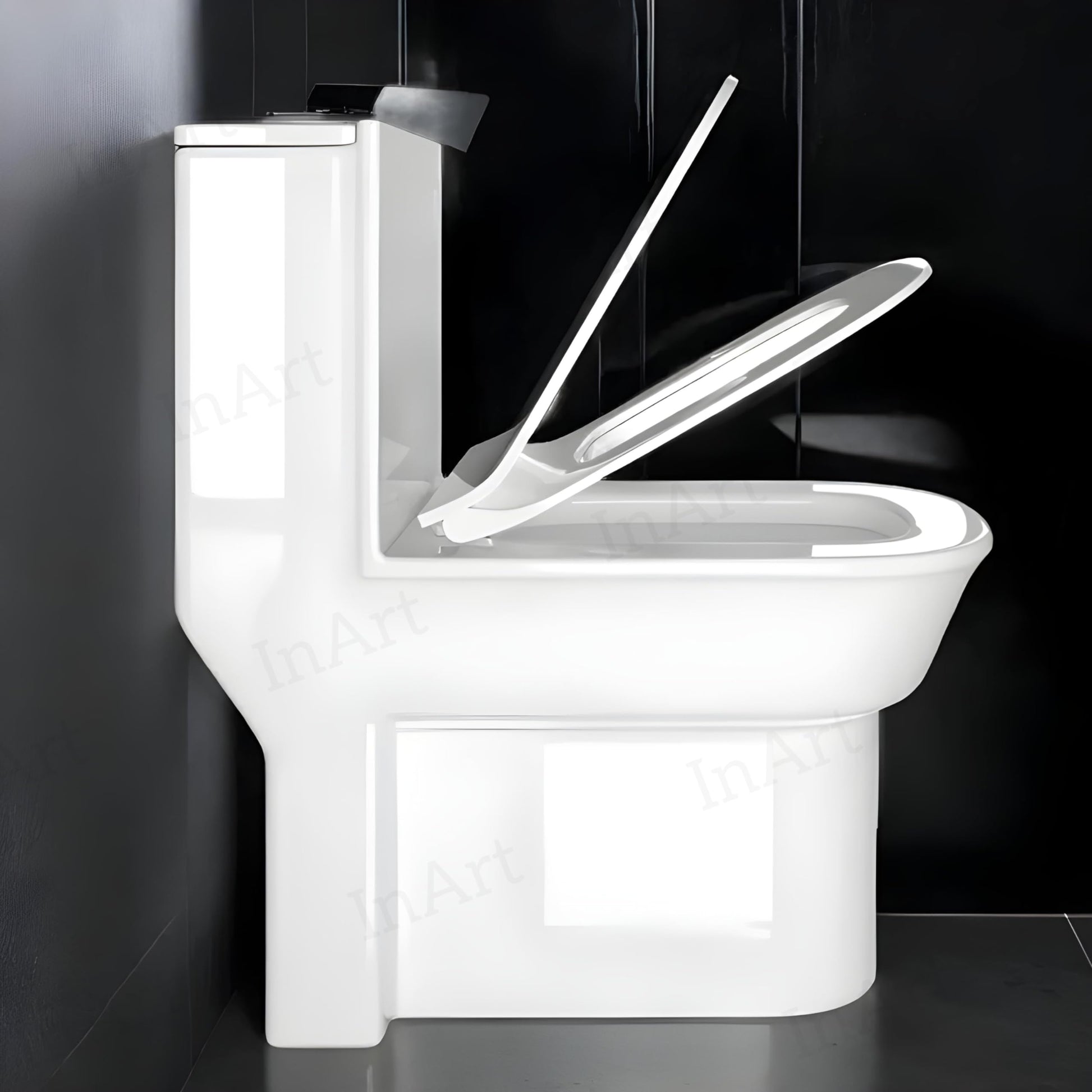 Ceramic western toilet commode white with syphonic flush, close-up of rim and water outlet for easy cleaning