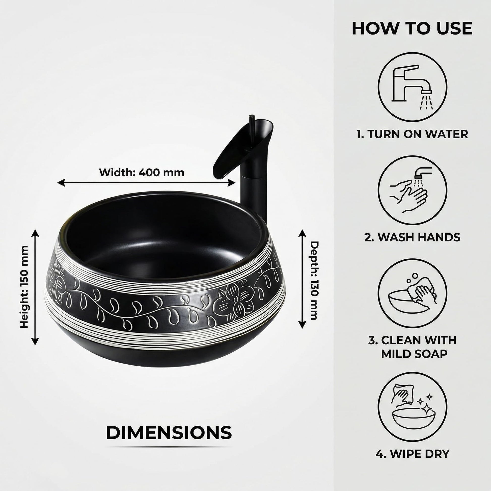 Modern wash basin designs in hall, black ceramic table top wash basin on table in stylish interior