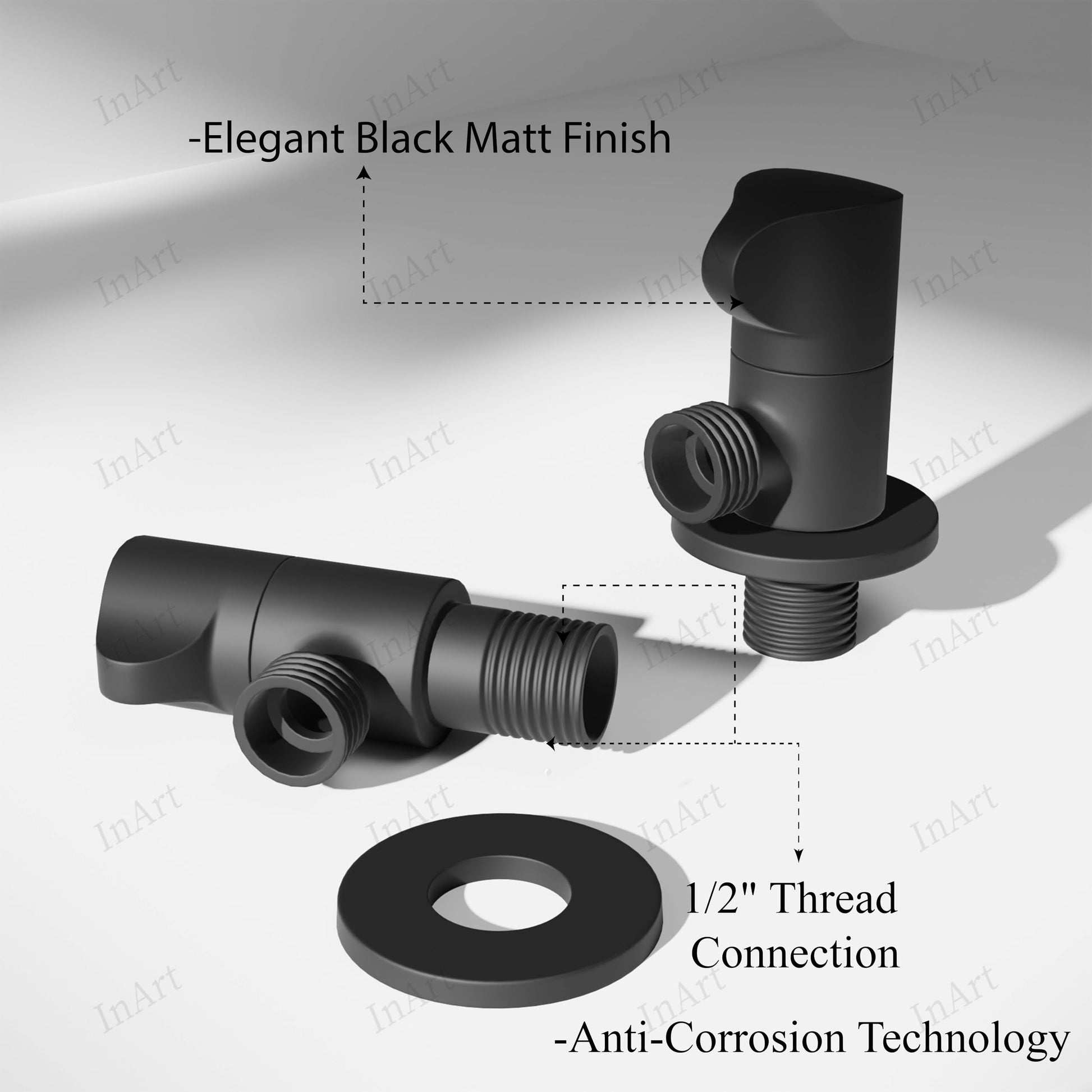 Black angle valve for sanitaryware fittings, InArt brass angle cock with wall flange front angle view