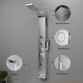 Modern chrome shower panel for bathroom, side angle view of stainless steel panel with 3 body jets and controls