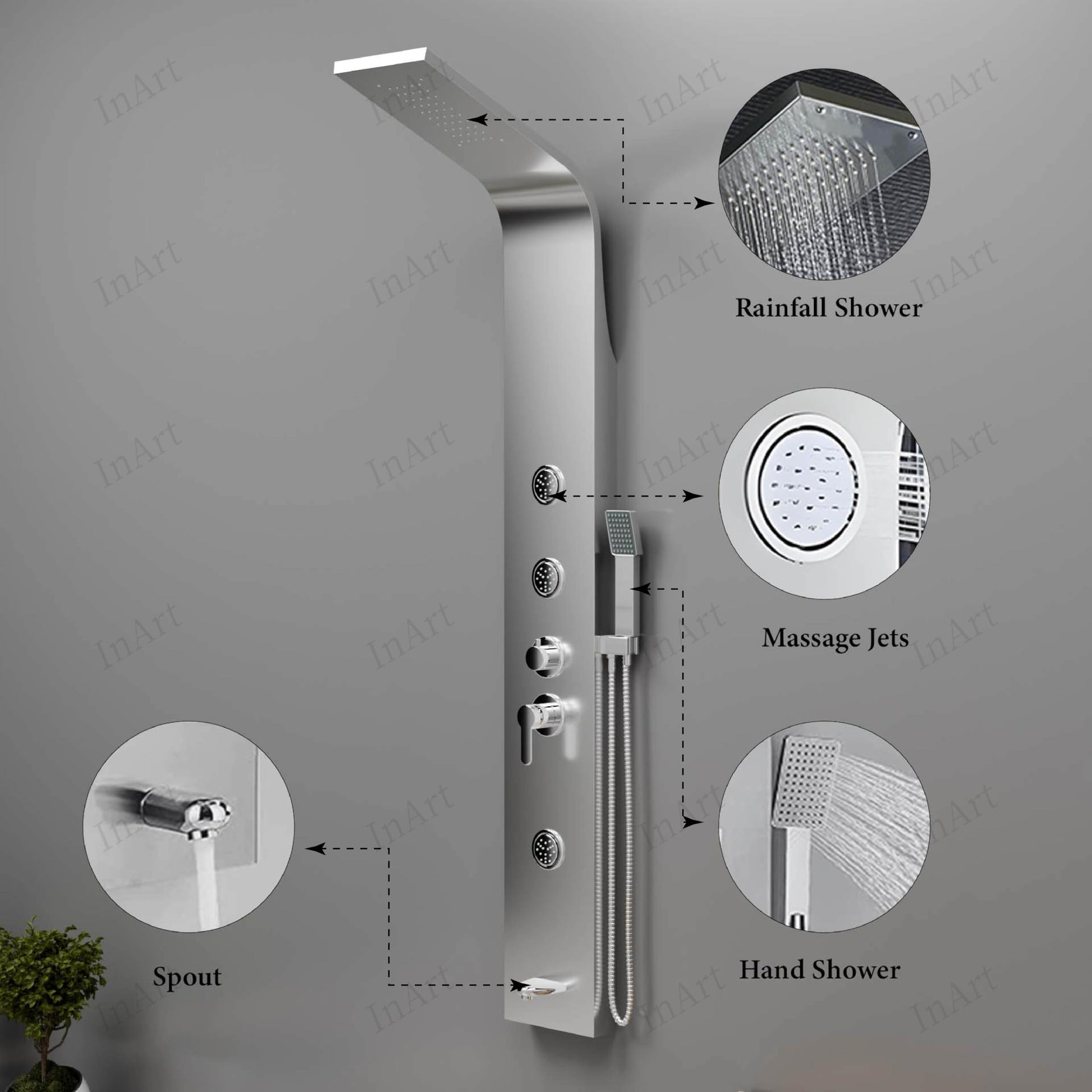 Modern chrome shower panel for bathroom, side angle view of stainless steel panel with 3 body jets and controls