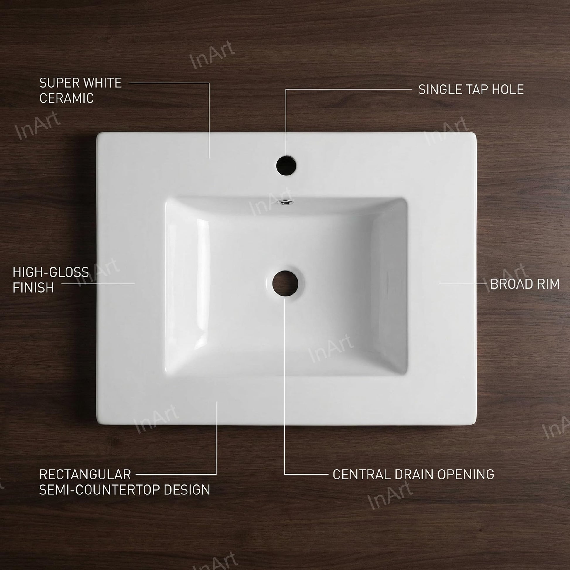 InArt semi counter wash basin in glossy white ceramic, rectangular modern bathroom basin design, angled view