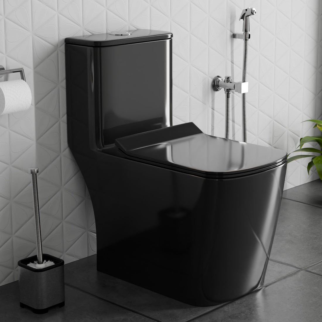 InArt ceramic one piece western toilet in black square finish, rimless floor mounted EWC front view