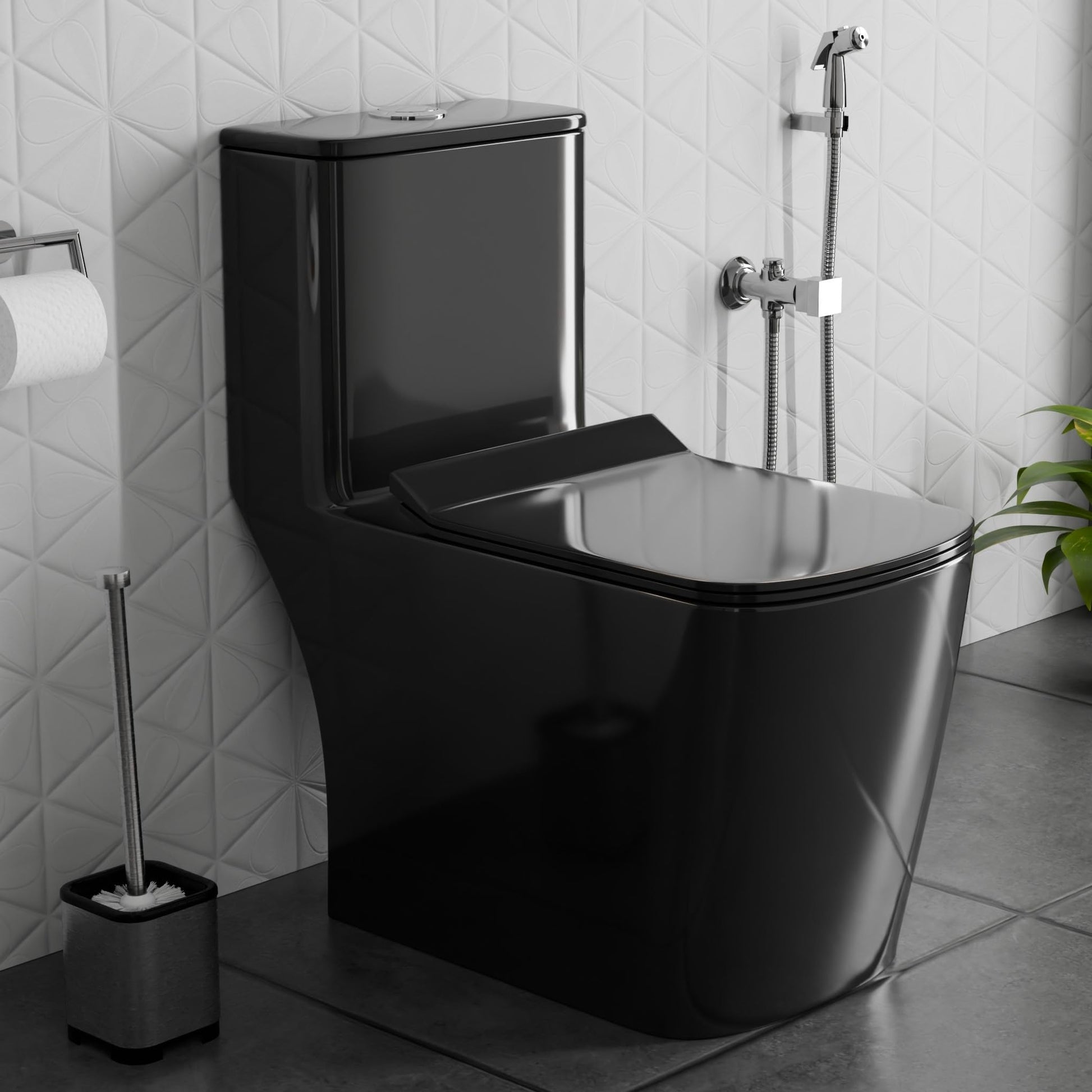 InArt cera single piece commode in black ceramic square one piece western toilet, front view